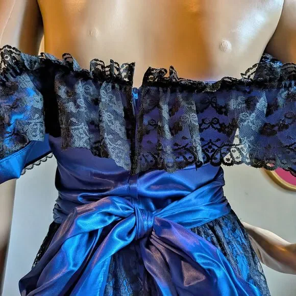 Vintage 80s Gunne Sax Ball Gown Southern Belle Maxi Dress Blue Satin Lace Size 5 - Picture 9 of 14